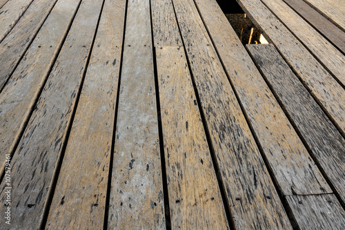 Old wooden planking. Hole in old wooden floor. Broken flooring.