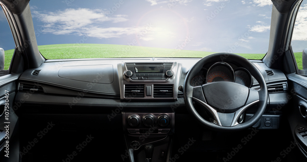 Car dashboard speeds while on green grass and sky