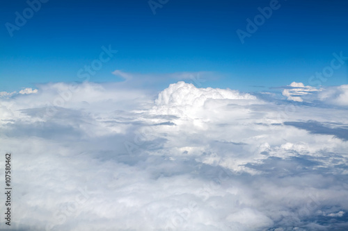 Blue sky with clouds background. View from airplane