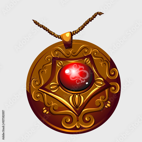 Ancient Golden amulet pendant with red stone 