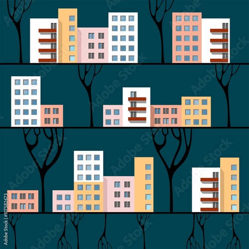 Three lines with multi-storey town houses. Cityscape.