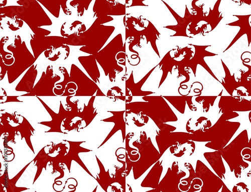 Seamless pattern of red and white dragons
