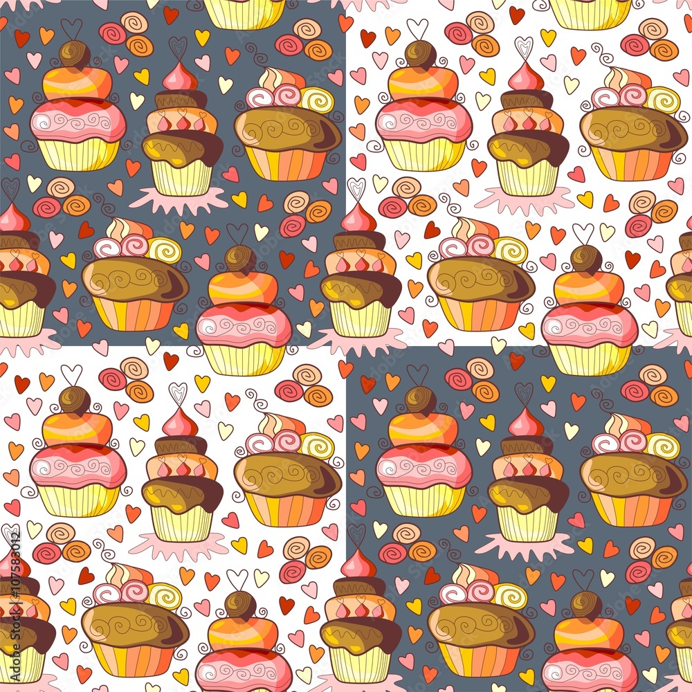 Pattern of sweet cupcakes. Seamless vector illustration.