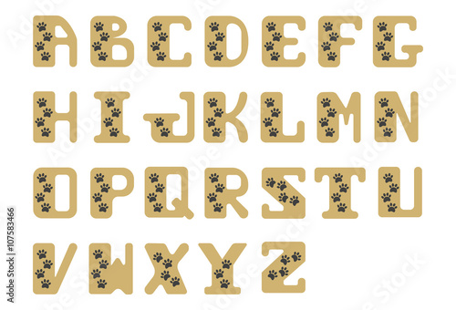 Latin hand drawn Sanserif alphabet font of capital bold letters. Zoo letters. Stylized alphabet with traces of animals. .Font with animal footprints