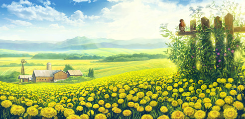 Foto auf Acrylglas Gelb Sommerlandschaft mit Löwenzahnfeld und Bauernhof auf dem Hintergrundplan.  © Rustic