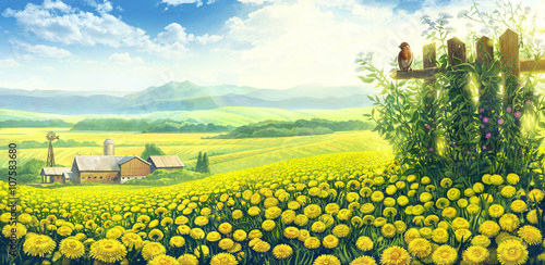 
Summer country landscape with a field of dandelions and farm on the background plan.