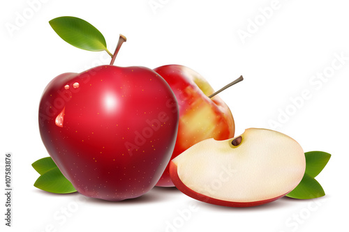 red apples with green leaves and apple slice - vector illustration