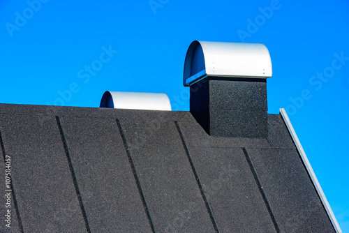 Rooftop with covered chimneys. Roof is black and covered in tar paper or roofing felt. Blue sky in background.