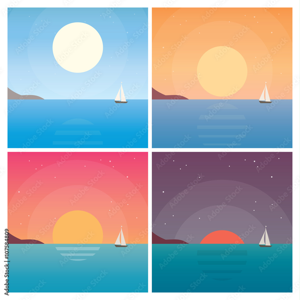 Set of summertime landscape sunset. Editable vector design.  