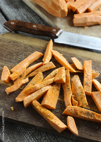 Fresh cut slices of sweet potatoes made into fries