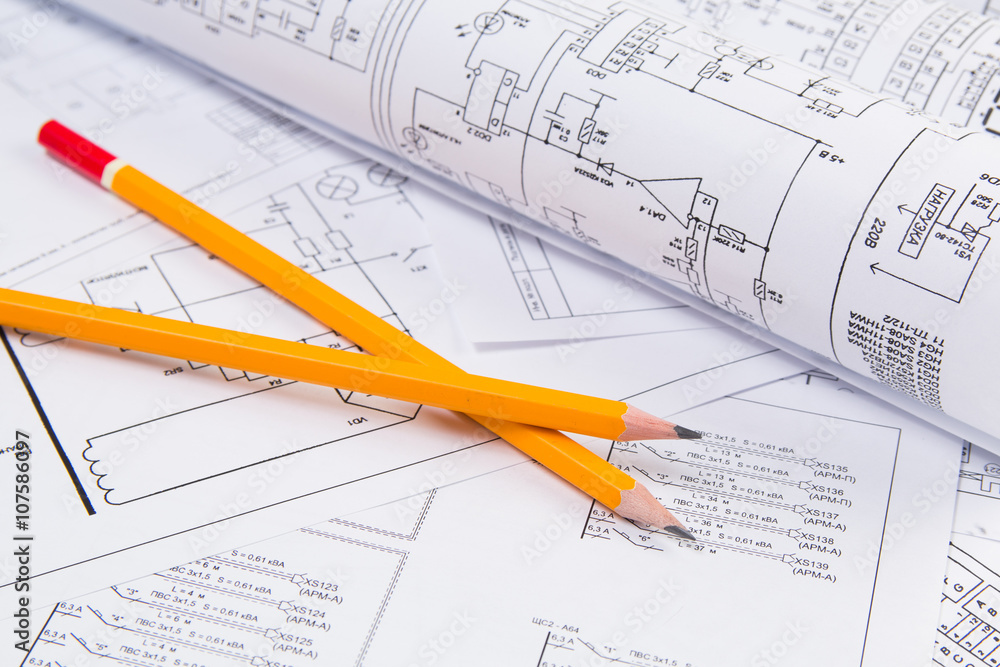 cience, technology and electronics. Electrical engineering drawings printing with pencil. Scientific development. cience, technology and electronics. Electrical engineering drawings printing with pencil. Scientific development.