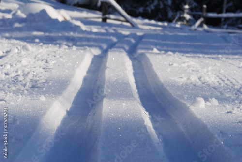 Detailed view of cross-country snow trail tracks in winter Austria.