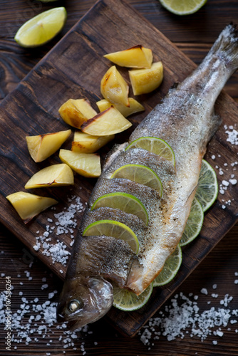 Rainbow trout baked with lime and served with potato wedges