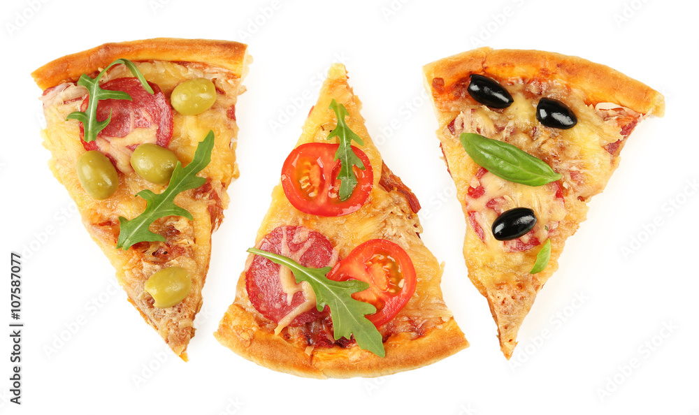 Slices of fresh baked pizza isolated on white Slices of fresh baked pizza isolated on white