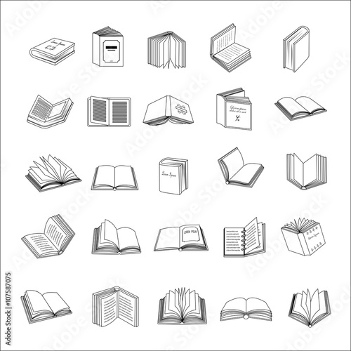 Book Icons Set-Isolated On White Background.Vector Illustration,Graphic Design.Collection Of Different 3d Books.For Web,Website,App.Thin Line