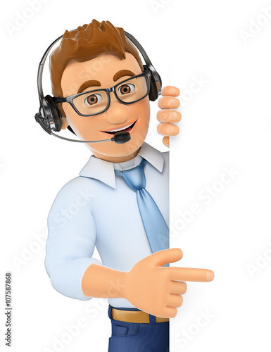 3D Call center worker pointing aside. Blank space