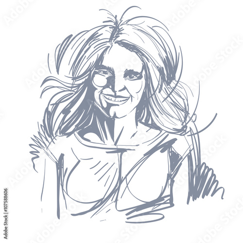 Hand-drawn portrait of white-skin smiling glad woman with long w
