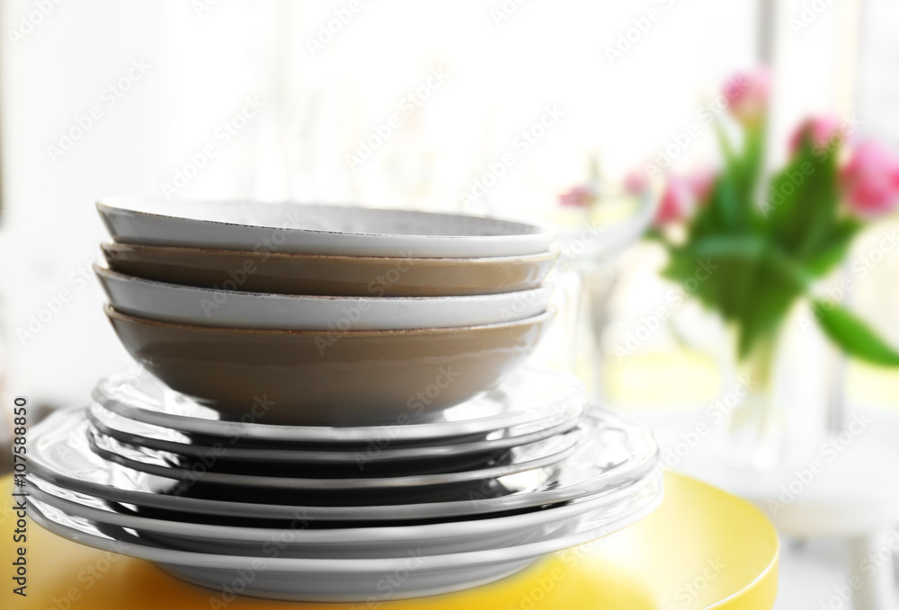 Clean dishes on wooden table. Clean dishes on wooden table.