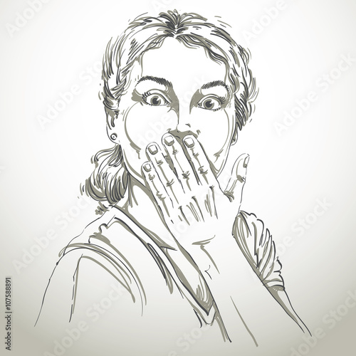 Monochrome vector hand-drawn image, shocked young woman. Black 