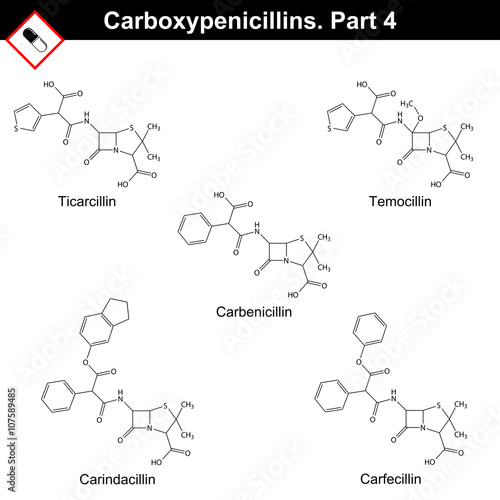 Chemical structures of carboxypenicillins