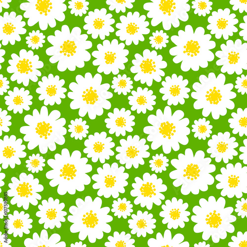 White daisies seamless pattern on a green background. Daisy field