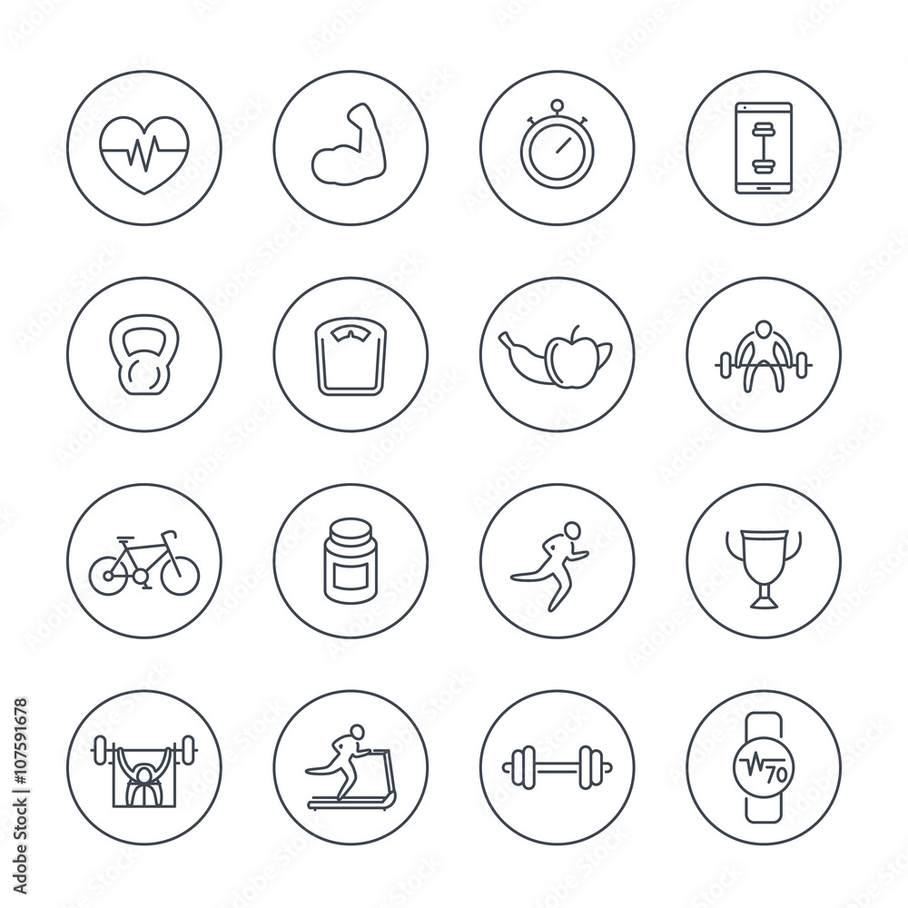 Fototapeta premium 16 fitness, gym, training line icons in circles, fitness pictograms, vector illustration