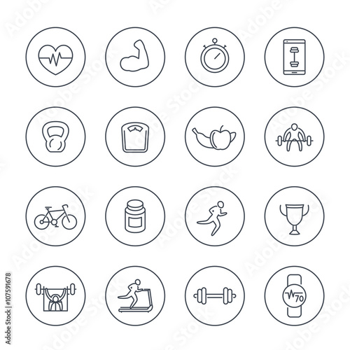 16 fitness, gym, training line icons in circles, fitness pictograms, vector illustration
