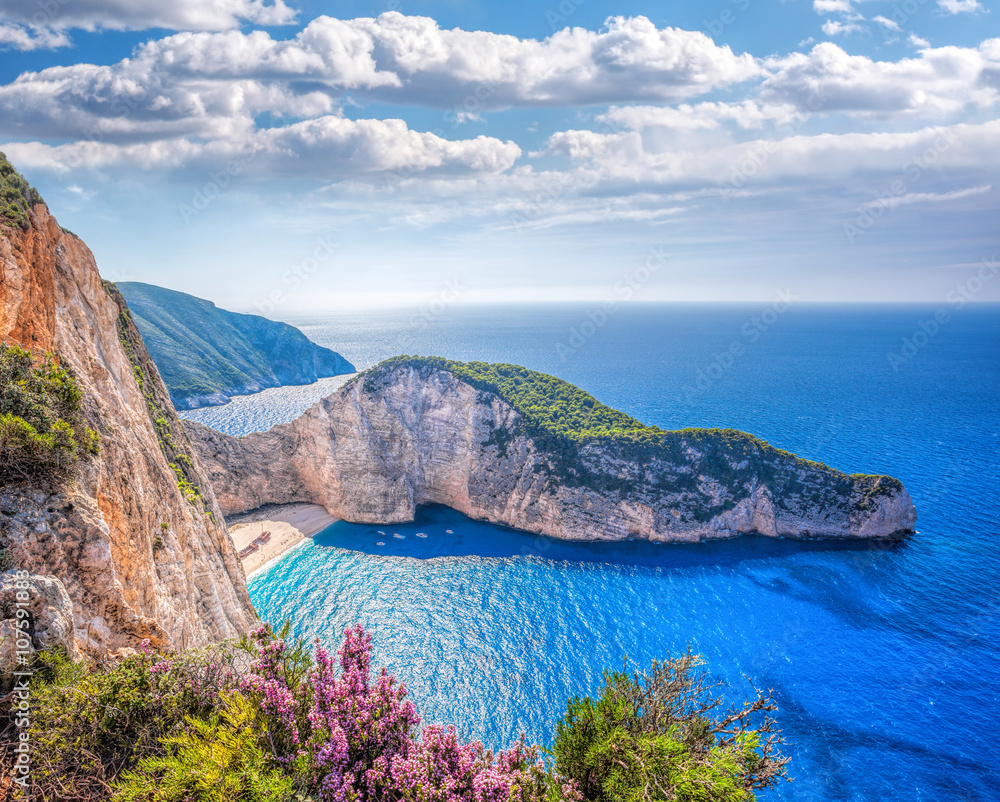 Fototapeta premium Navagio beach with shipwreck and flowers against sunset on Zakynthos island in Greece