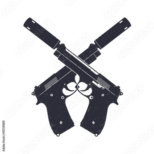 crossed modern pistols with silencers, two handguns isolated on white, vector illustration