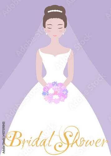 Beautiful bride with a flower bouquet. Dridal shower invitation template.