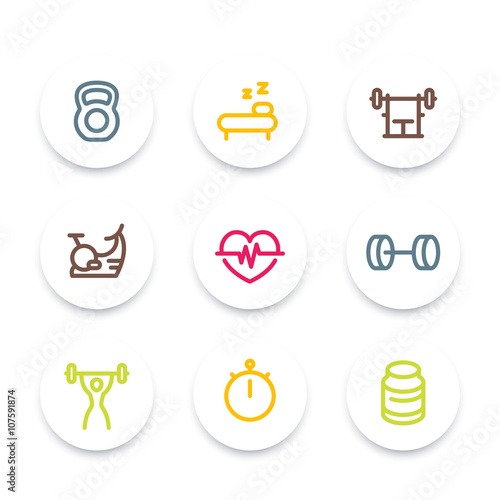 Fitness line icons, thick outline, workout, fitness symbol, training, round fitness icons set, vector illustration