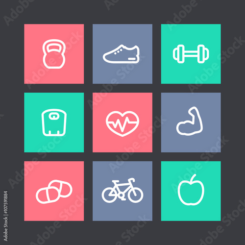 Fitness thick line icons, healthy lifestyle, training, workout, biceps linear icons on squares, vector illustration