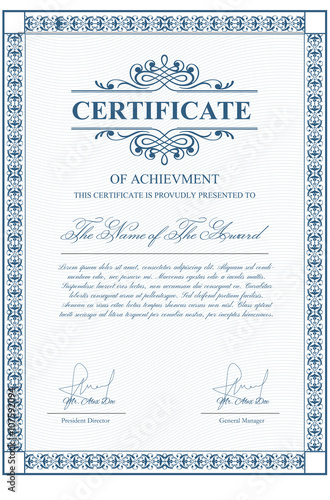 Certificate template with guilloche elements. Blue diploma border design for personal conferment. Vector layout for award, patent, validation, licence, education, authentication, achievement, etc 