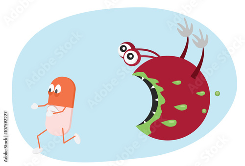 Pill running from bacteria. Antibiotic resistance cartoon illustration.
