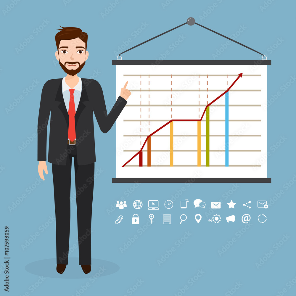 Business man in suit making presentation explaining chart on a w Business man in suit making presentation explaining chart on a w