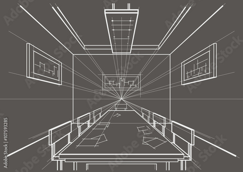 linear architectural sketch interior conference room on gray background