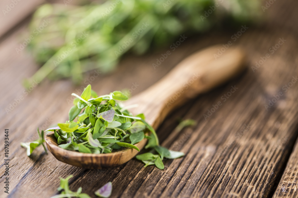 Old wooden table with fresh Thyme Old wooden table with fresh Thyme
