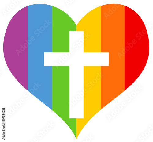 Rainbow heart as symbol of homosexuals and homosexuality with cross of christian catholic church