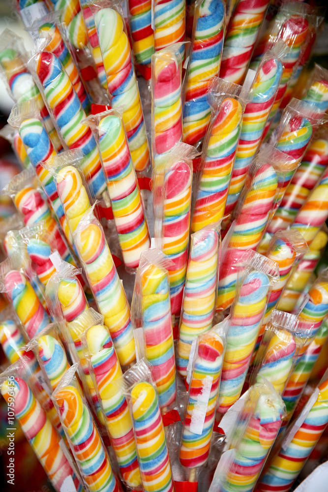Close up of homemade swirl lollipop on retail market