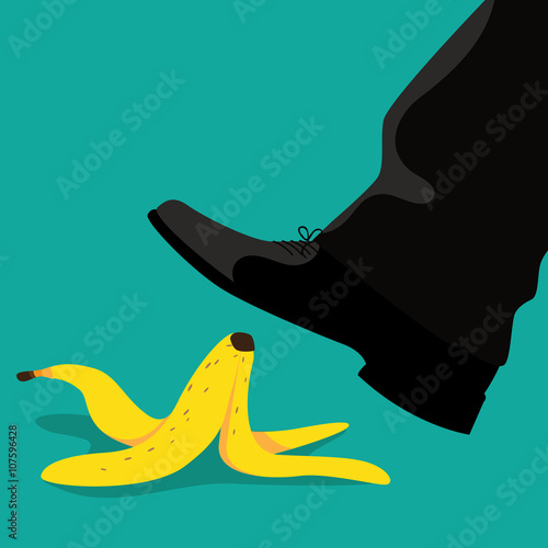 Person slipping on a banana peel flat design. EPS 10 vector.