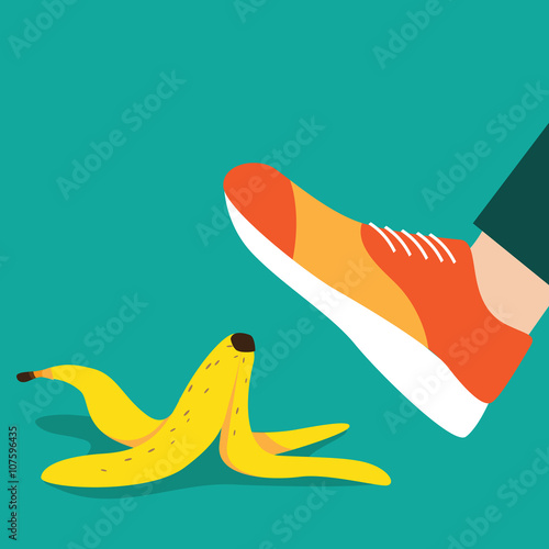 Person slipping on a banana peel flat design. EPS 10 vector.