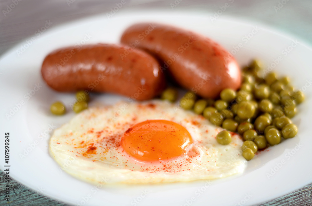 sausages , fried egg and peas sausages , fried egg and peas