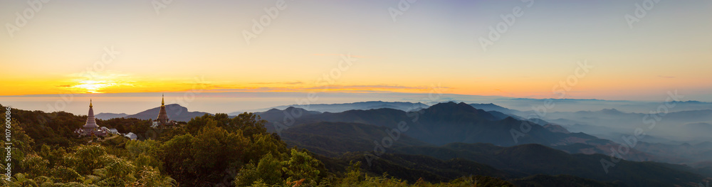 Panorama of Sun rise at Pagoda on the top of mountain, Inthanon