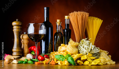 Mediterranean Cuisine Food with Wine and Pasta