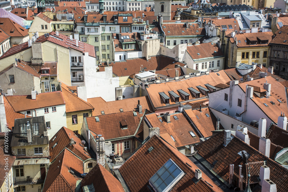 high angle view of building roofs in Prague old town
