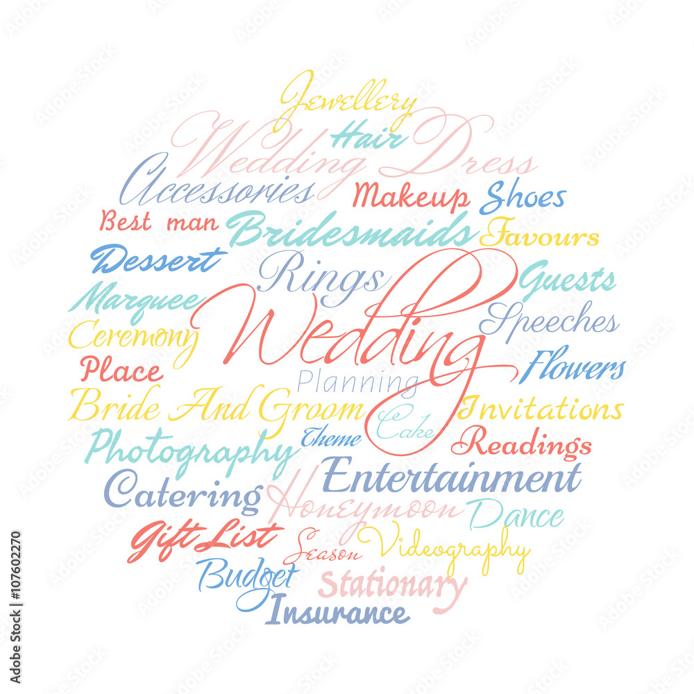 Wedding planning related words, Vector cloud illustration.