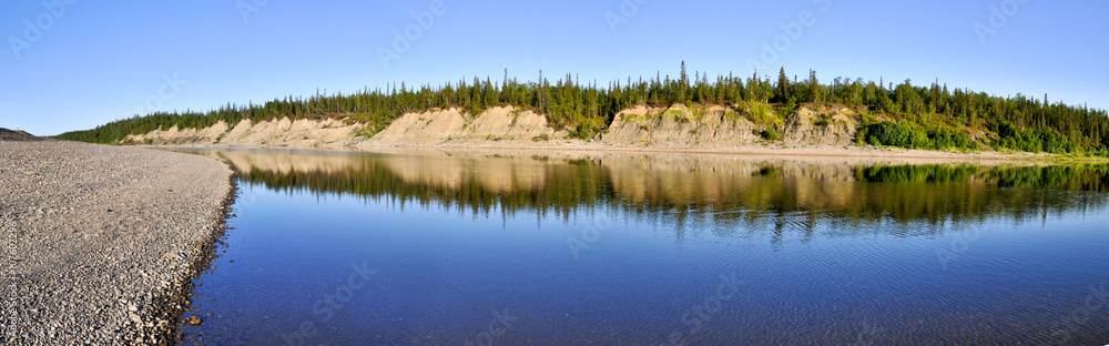 Panoramic landscape polar river in the Urals.