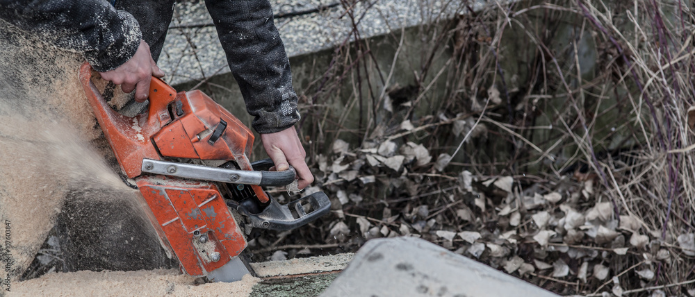 man cutting trees using an electrical chainsaw and professional tools man cutting trees using an electrical chainsaw and professional tools