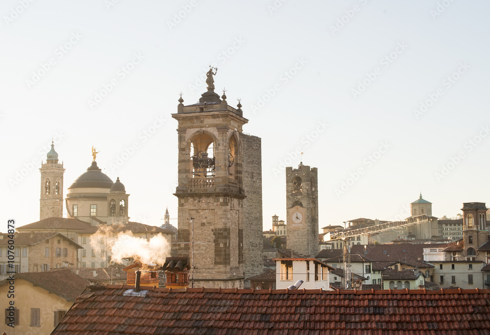 View over Citta Alta or Old Town buildings in the ancient city of Bergamo, Lombardia, Italy on a clear day.