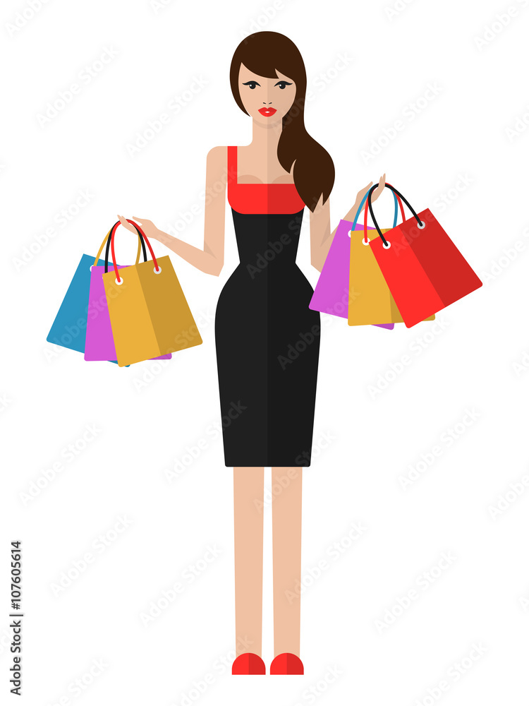 Vector flat illustration of a beautiful young woman with shopping bags. Shopping woman isolated on white background.